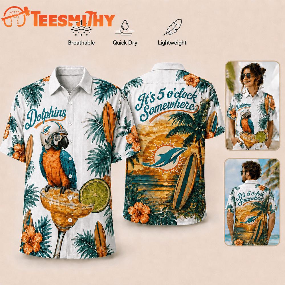 Miami Dolphins NFL It's 5 O'clock Somewhere Button Up Tropical Parrot Hawaiian Shirt