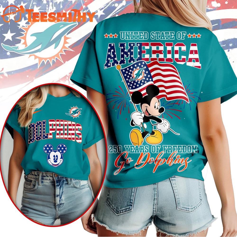 Miami Dolphins NFL Mickey America Flag Freedom 250 Years 3D T Shirt