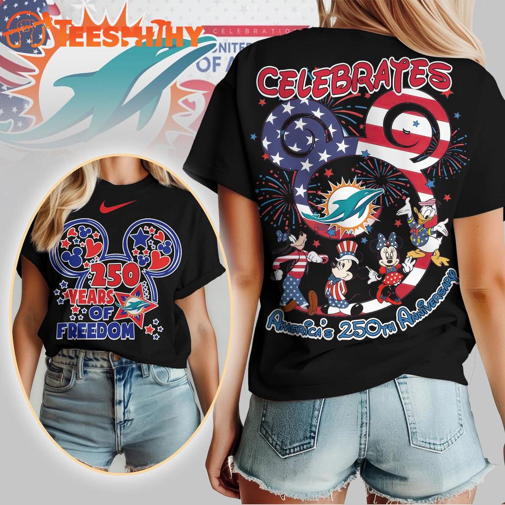 Miami Dolphins NFL Mickey Celebrates America 250th Anniversary All Over Print T Shirt