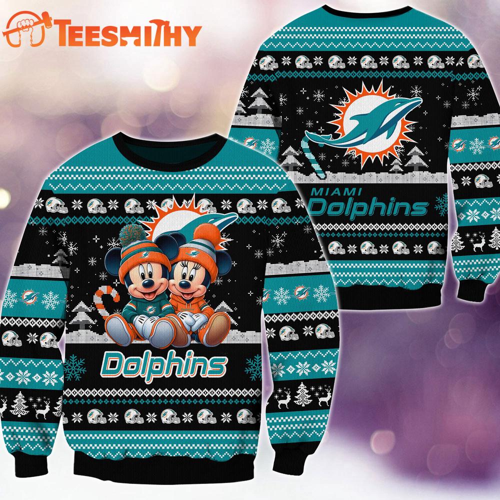 Miami Dolphins NFL Mickey Minnie Ugly Christmas Sweater