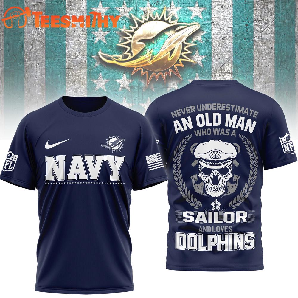Miami Dolphins NFL Navy Veteran All Over Print Shirt