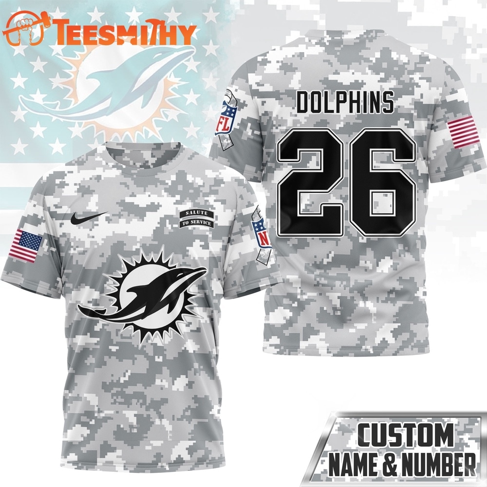 Miami Dolphins NFL Salute to Service Custom Name & Number Camo 3D Shirt