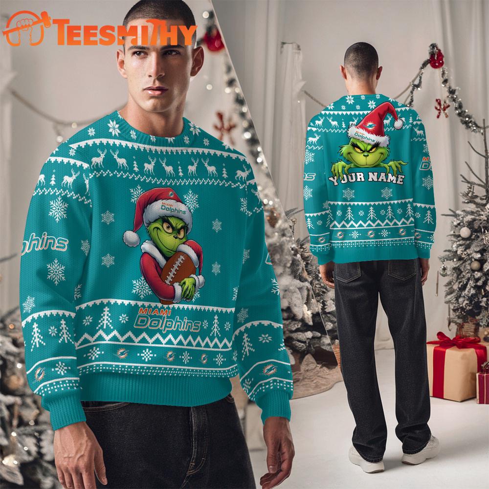 Miami Dolphins NFL Team Color Grinch Ugly Christmas Sweater