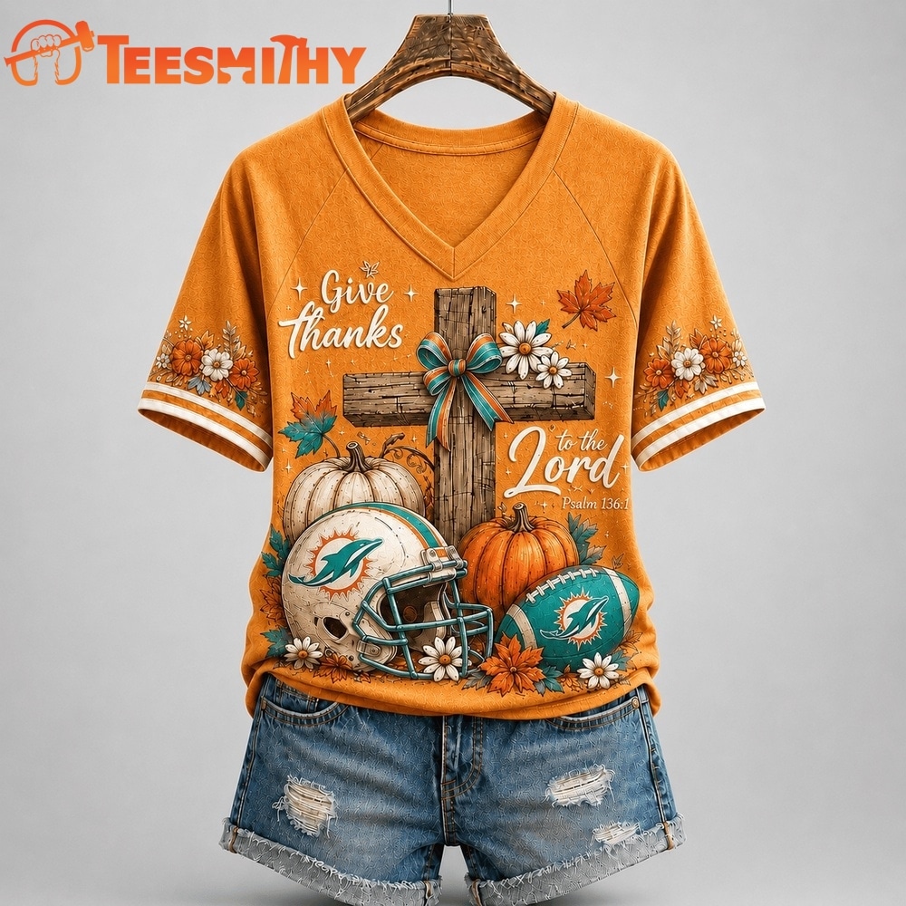 Miami Dolphins NFL Thanksgiving Faith And Football V Neck T Shirt