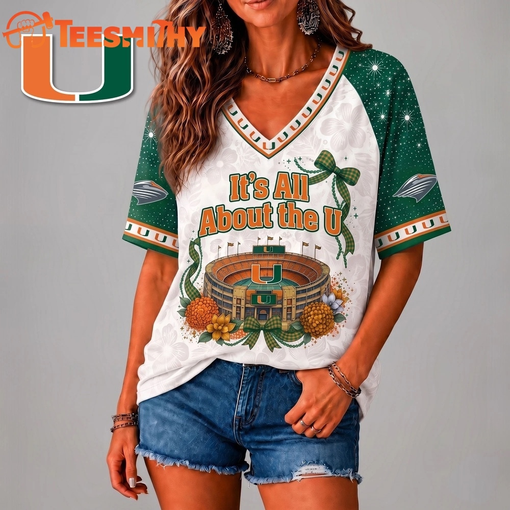 Miami Hurricanes NCAA Floral Stadium Bow V Neck 3D T Shirt