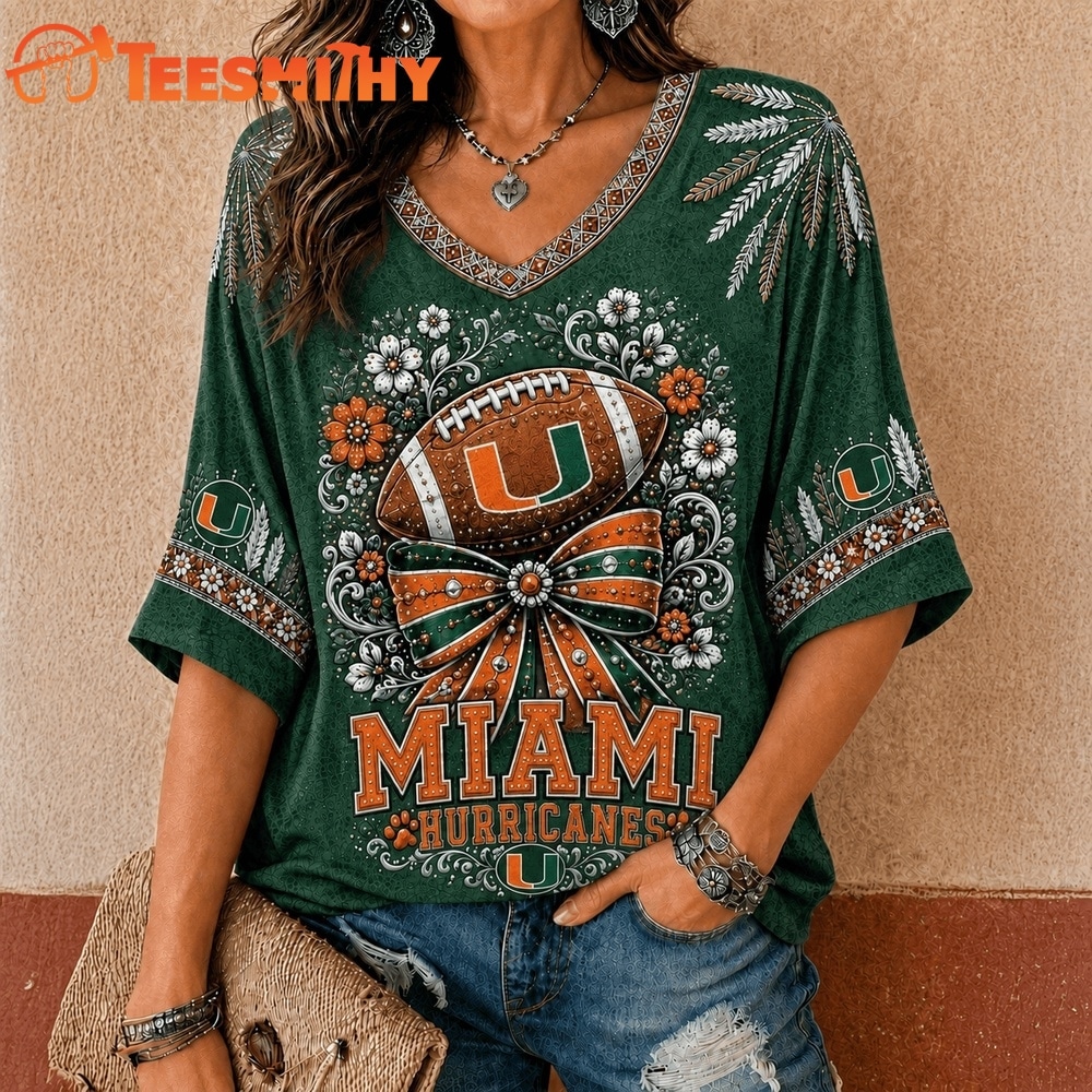 Miami Hurricanes NCAA Vintage Floral Bow V Neck T Shirt