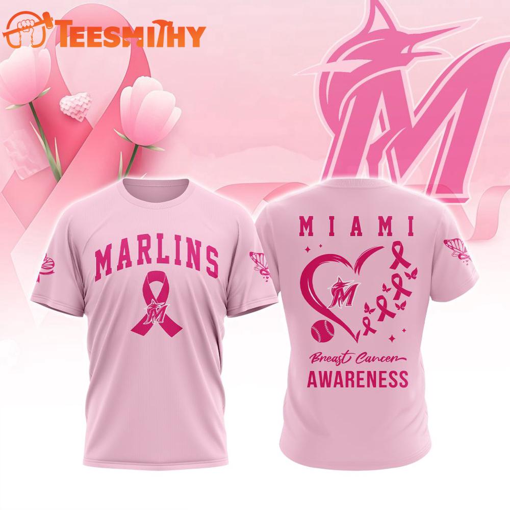 Miami Marlins 2025 MLB Pink Breast Cancer Awareness Design 3D Shirt