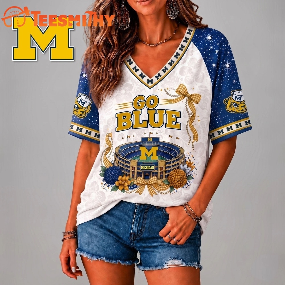 Michigan Wolverines NCAA Floral Stadium Bow V Neck 3D T Shirt