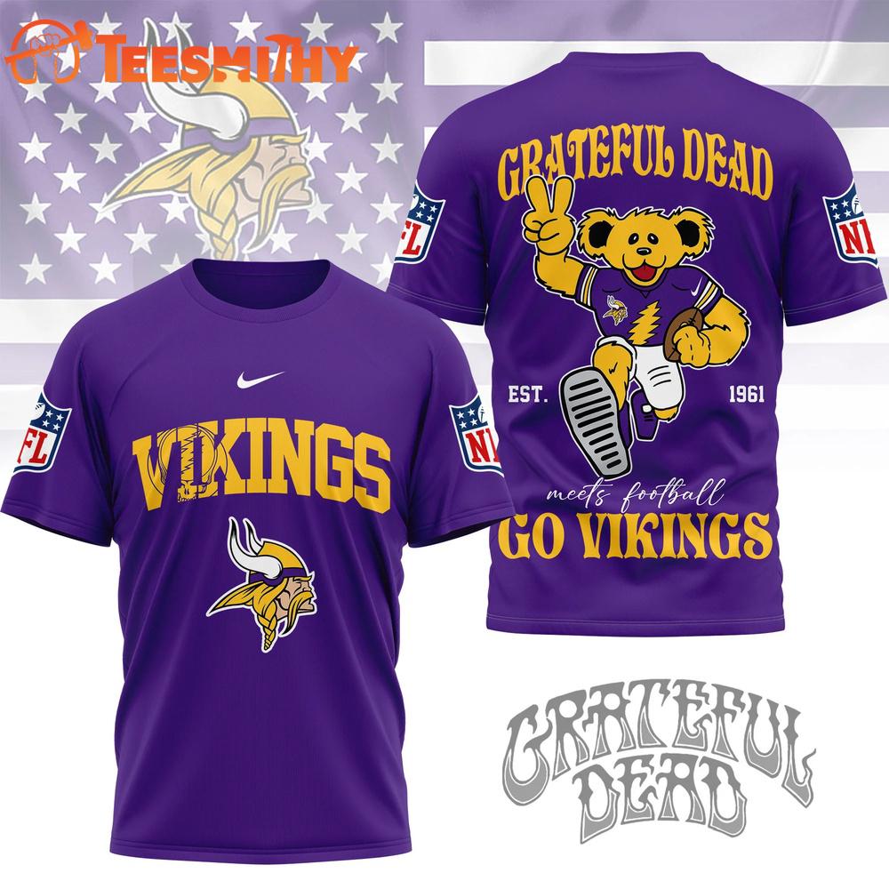 Minnesota Vikings 2026 NFL Grateful Dead Retro Bear 3D T Shirt