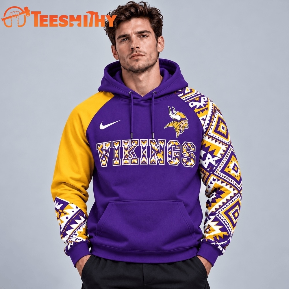 Minnesota Vikings NFL Aztec Inspired Colorblock Hoodie With Asymmetric Sleeves And Bold Team Lettering