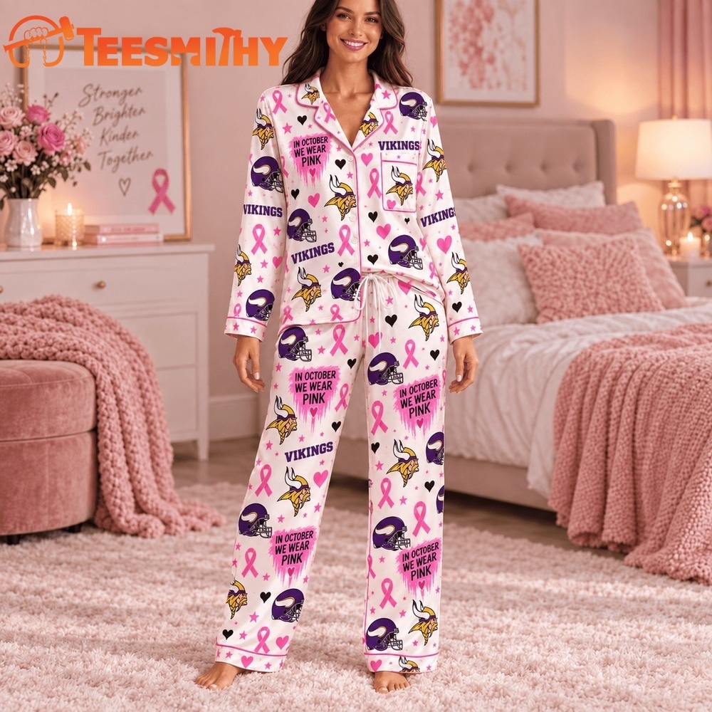Minnesota Vikings NFL Breast Cancer Pink Ribbon Long Sleeve Pajamas Set
