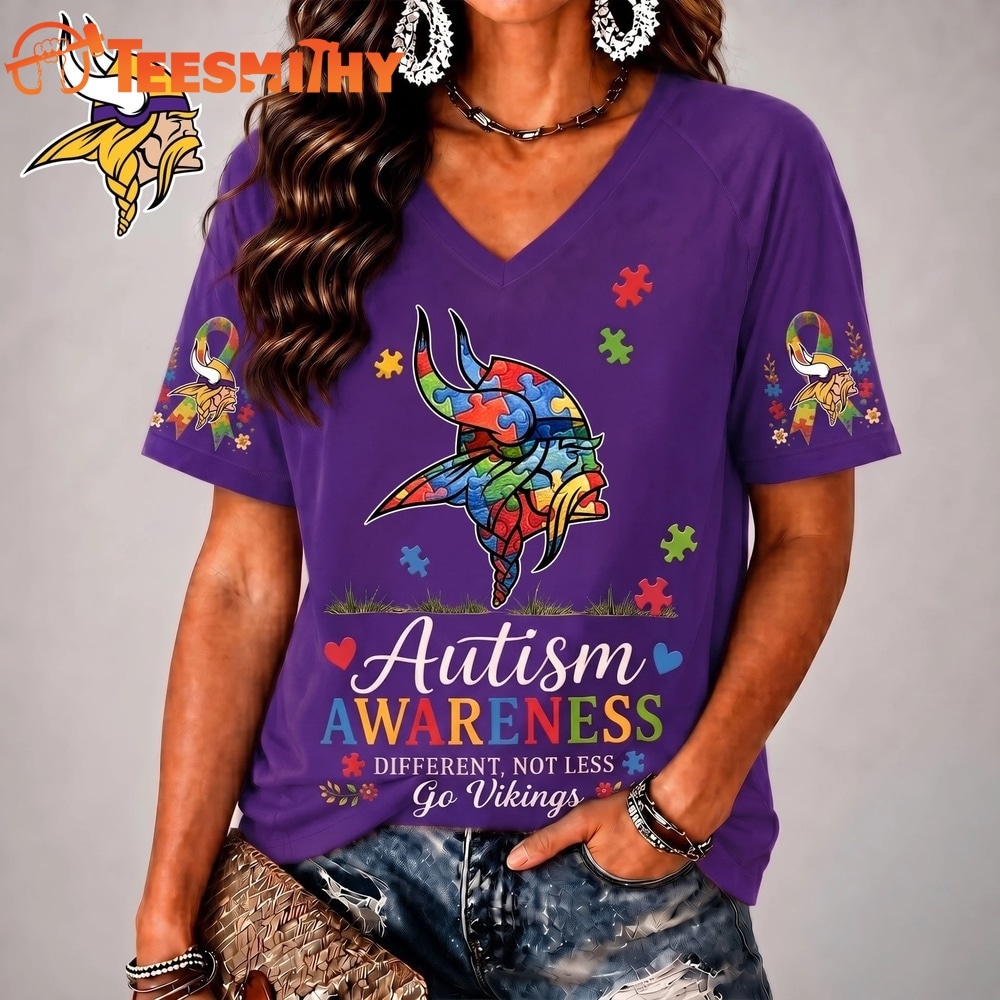 Minnesota Vikings NFL Different, Not Less Autism Awareness V neck T Shirt