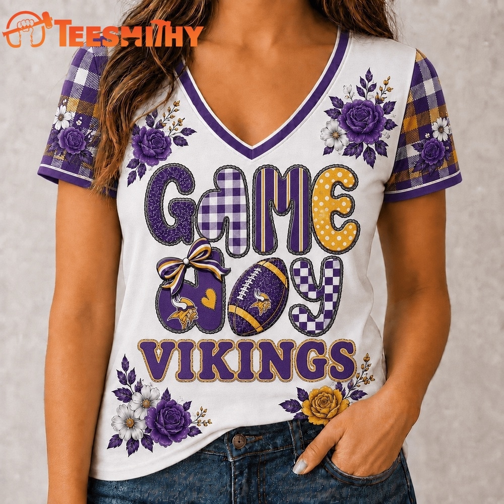 Minnesota Vikings NFL Football Flowers Team Pride V Neck T Shirt