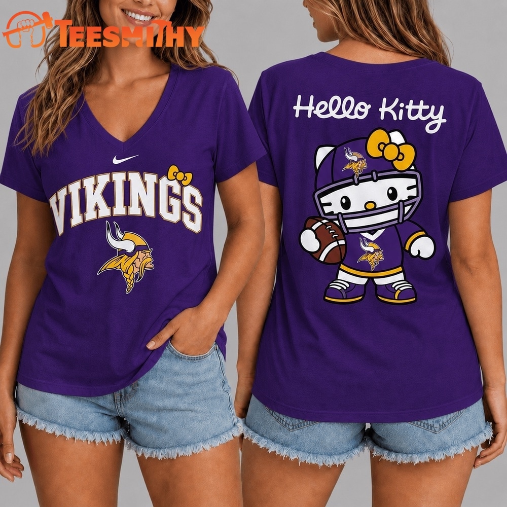 Minnesota Vikings NFL Hello Kitty Football V Neck T Shirt