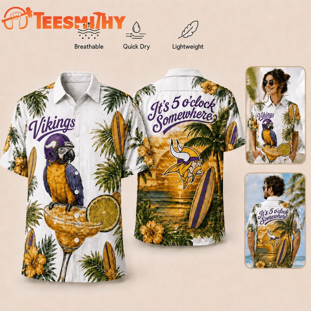 Minnesota Vikings NFL It's 5 O'clock Somewhere Button Up Tropical Parrot Hawaiian Shirt