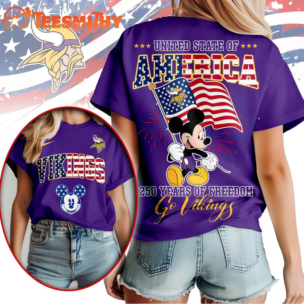Minnesota Vikings NFL Mickey America Flag Freedom 250 Years 3D T Shirt