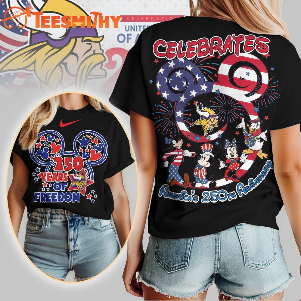 Minnesota Vikings NFL Mickey Celebrates America 250th Anniversary All Over Print T Shirt