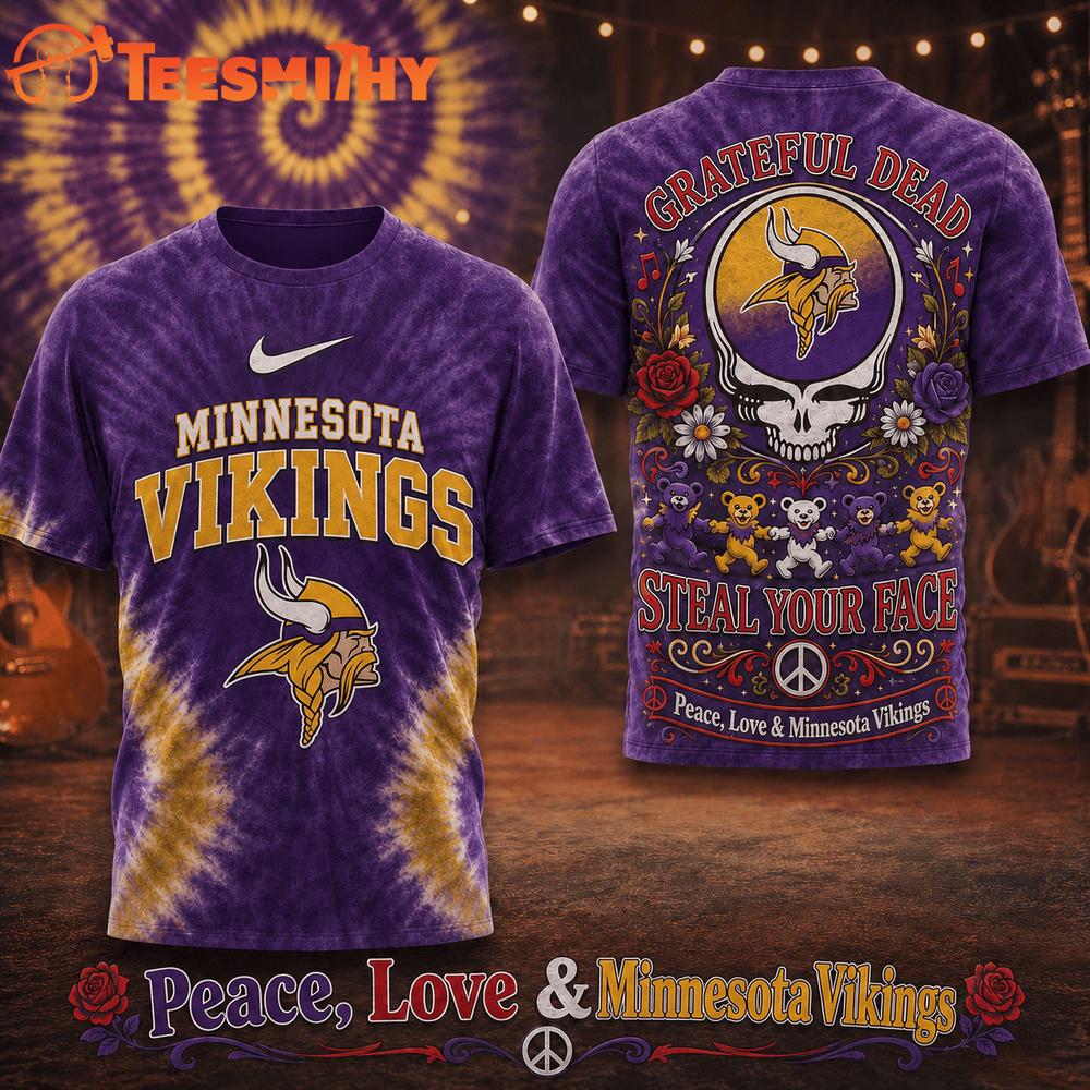 Minnesota Vikings NFL Peace Love Greateful Dead Special New 3D Shirt
