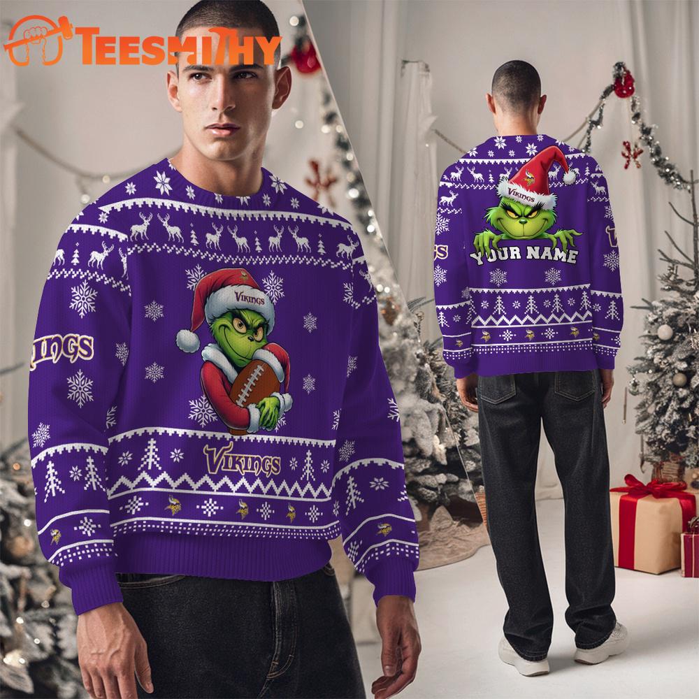 Minnesota Vikings NFL Team Color Grinch Ugly Christmas Sweater