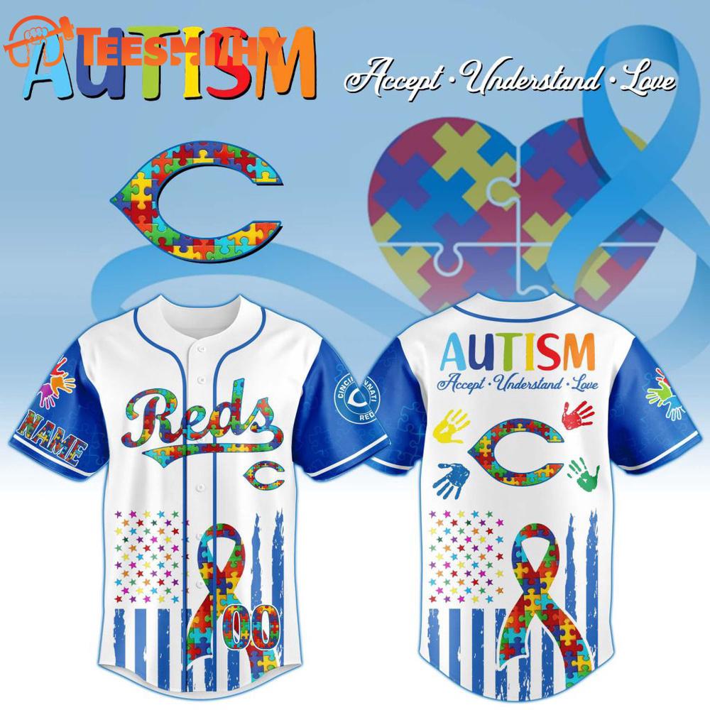 MLB Cincinnati Reds Autism Awareness Design Personalized Baseball Jersey