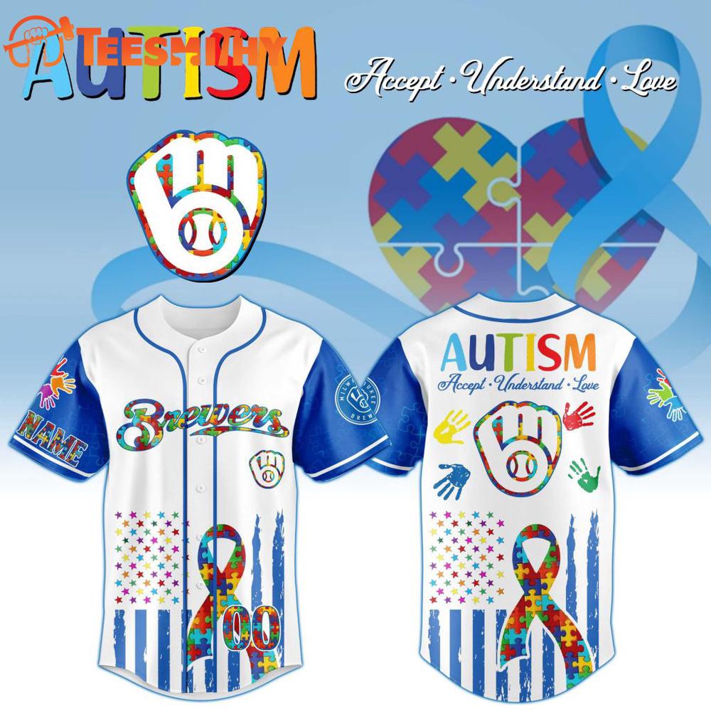 MLB Milwaukee Brewers Autism Awareness Design Personalized Baseball Jersey