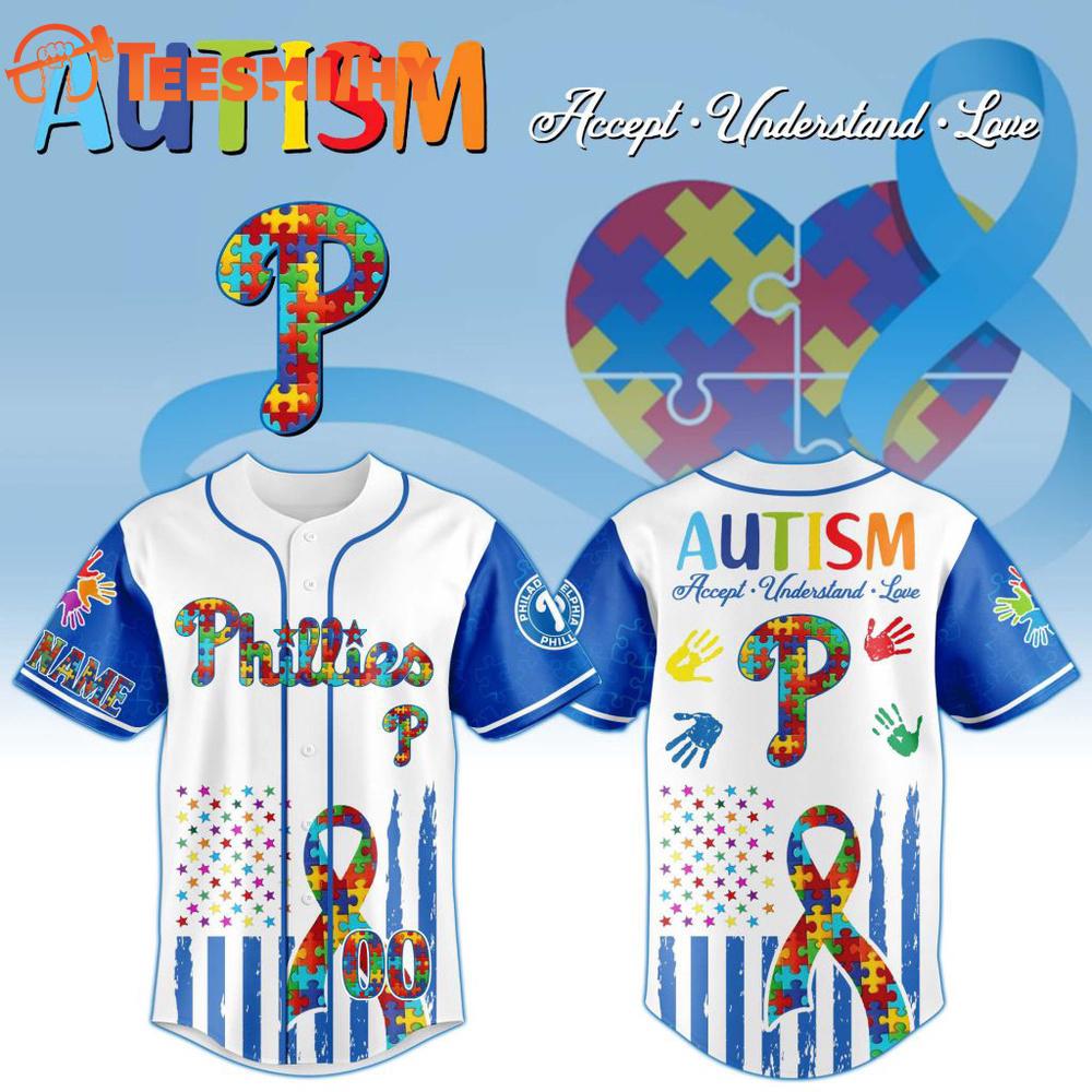 MLB Philadelphia Phillies Autism Awareness Design Personalized Baseball Jersey