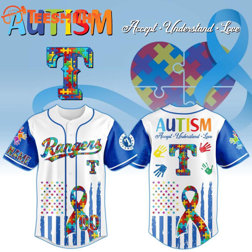 MLB Texas Rangers Autism Awareness Design Personalized Baseball Jersey