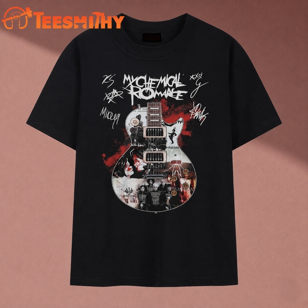 My Chemical Romance Signatures Guitar Graphic Rock Band T Shirt