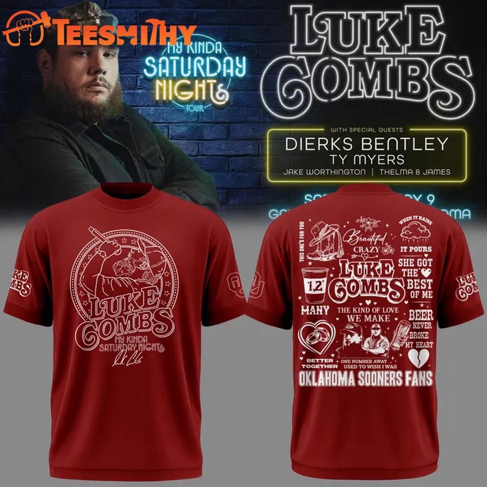 My Kinda Saturday Night Tour Luke Combs x Oklahoma Sooners 2026 Red T Shirt