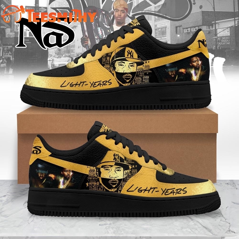 Nas Light Years Black & Gold Hip Hop Graphic Custom Air Force 1 Shoes