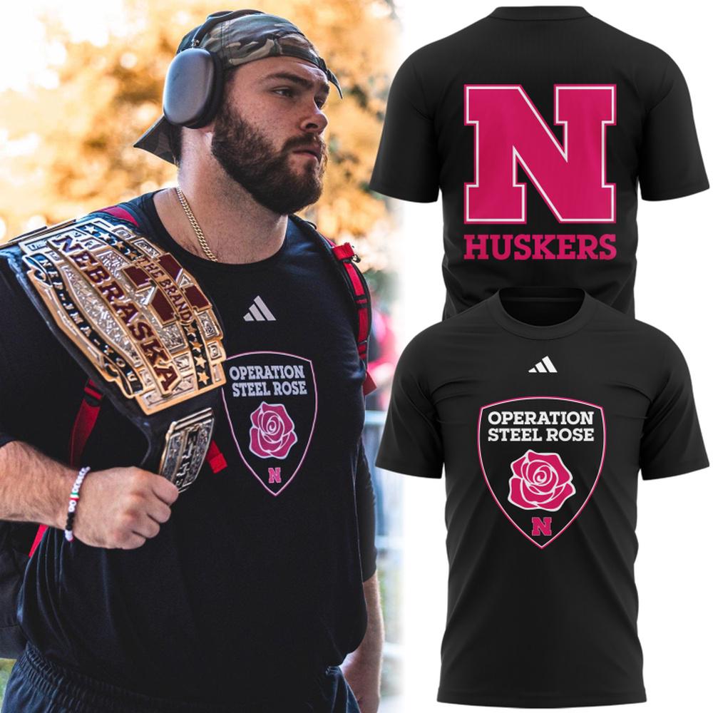 Nebraska Cornhuskers Football 2025 Breast Cancer Awareness Black T Shirt