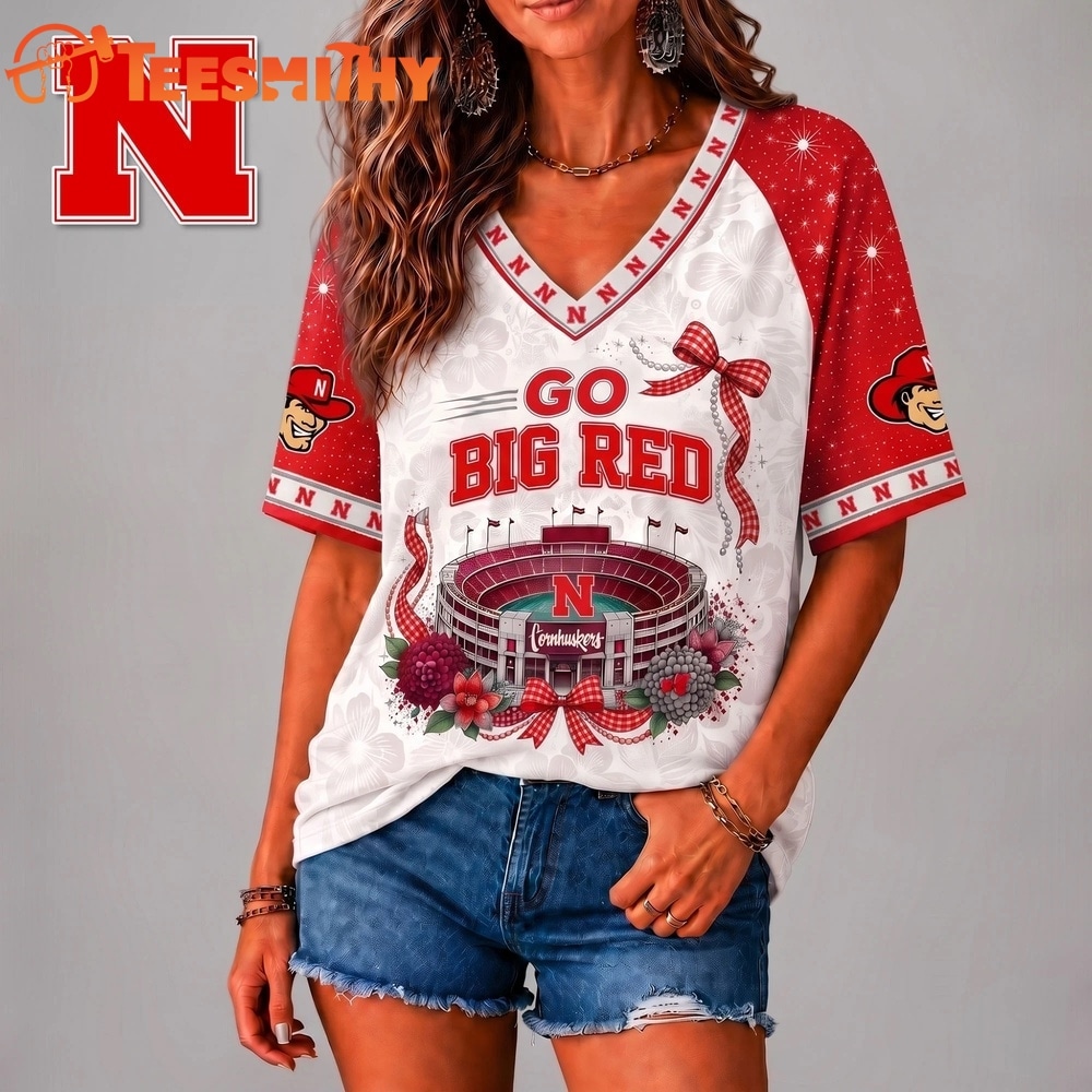 Nebraska Cornhuskers NCAA Floral Stadium Bow V Neck 3D T Shirt