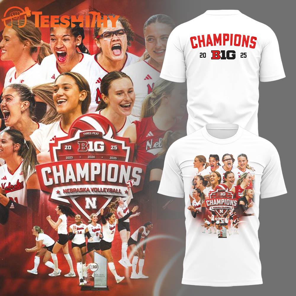 Nebraska Cornhuskers Volleyball Big 2025 Champions Team Graphic White 3D Shirt
