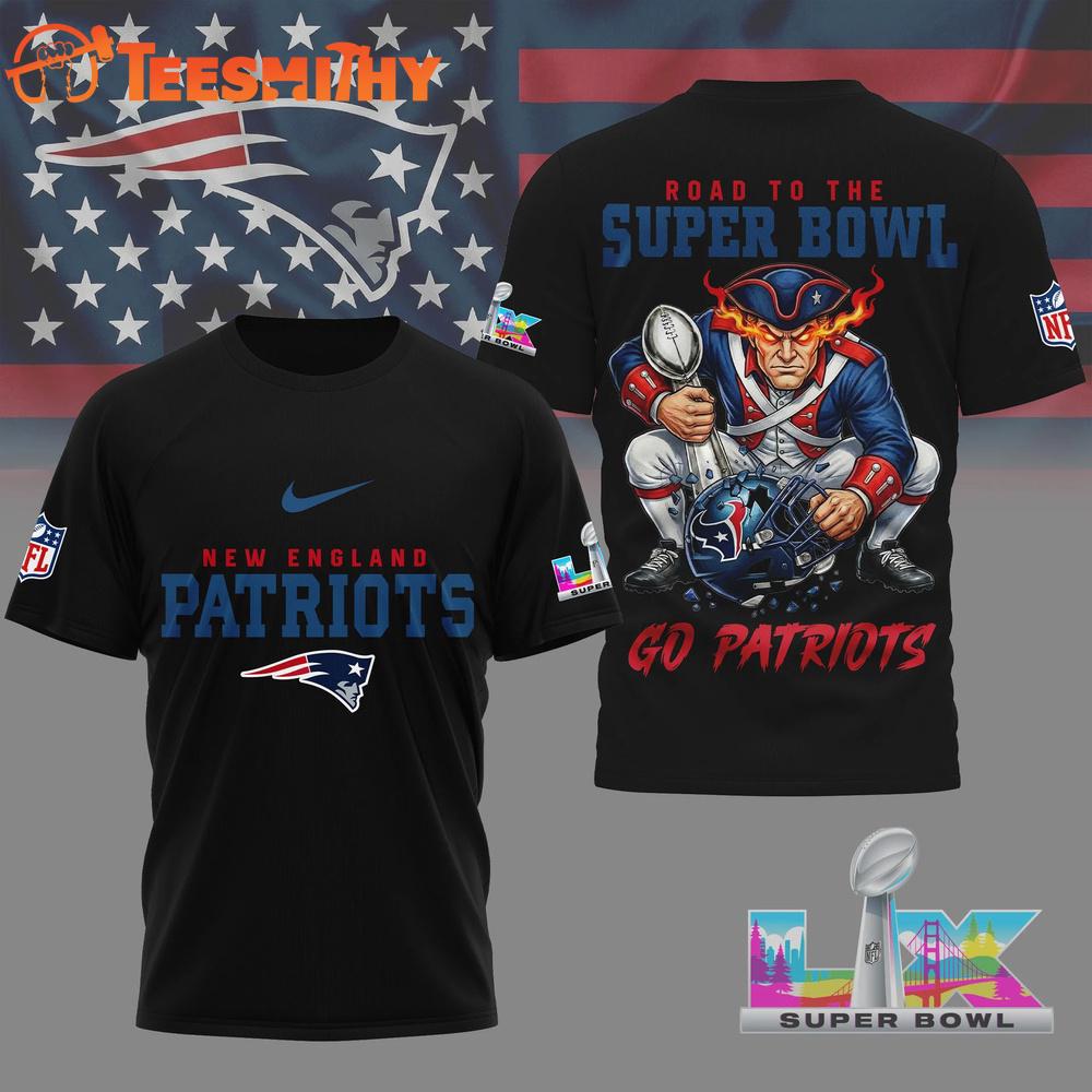 New England Patriots 2026 NFL Road To Super Bowl Black 3D Shirt
