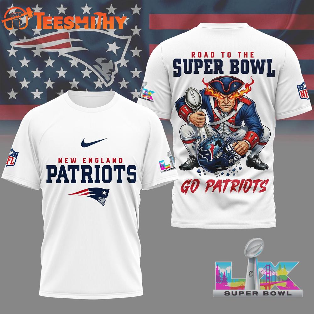 New England Patriots 2026 NFL Road To Super Bowl White 3D Shirt