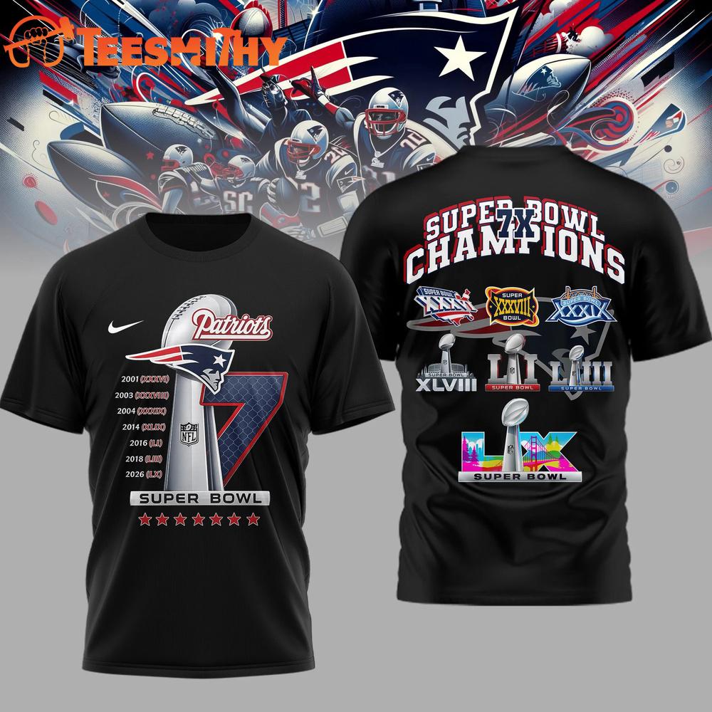 New England Patriots NFL 2026 7x Super Bowl Champions Black T Shirt