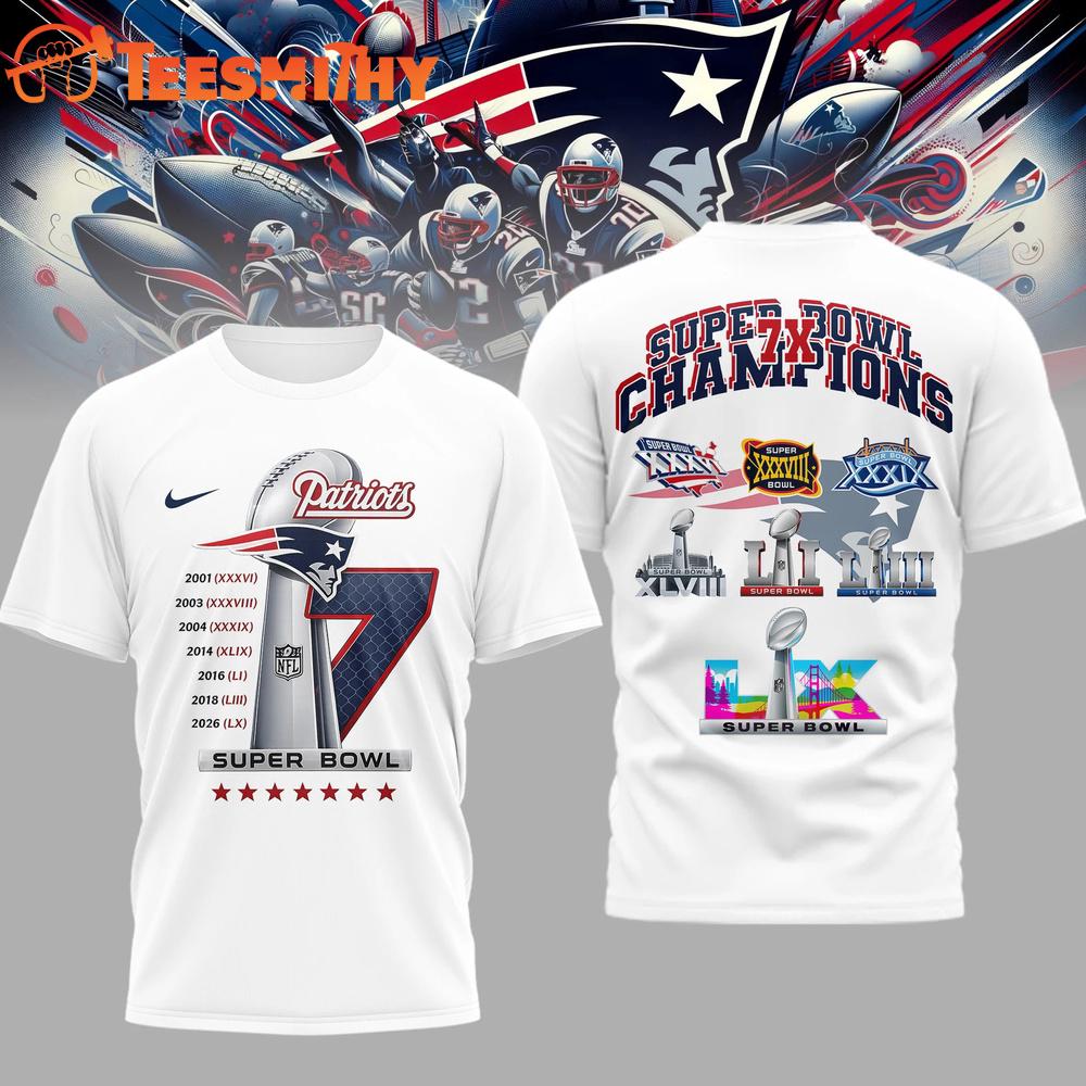 New England Patriots NFL 2026 7x Super Bowl Champions White T Shirt