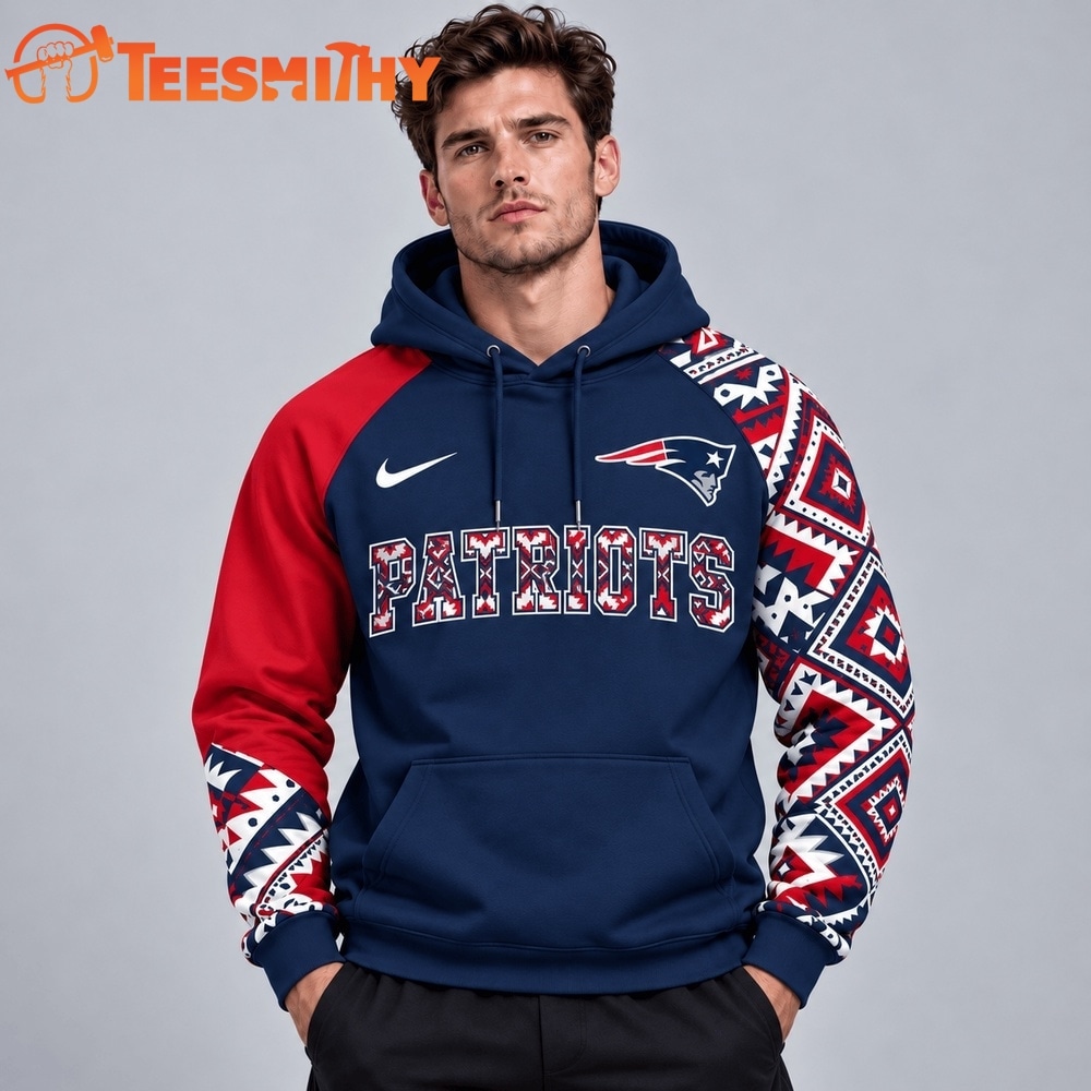 New England Patriots NFL Aztec Inspired Colorblock Hoodie With Asymmetric Sleeves And Bold Team Lettering