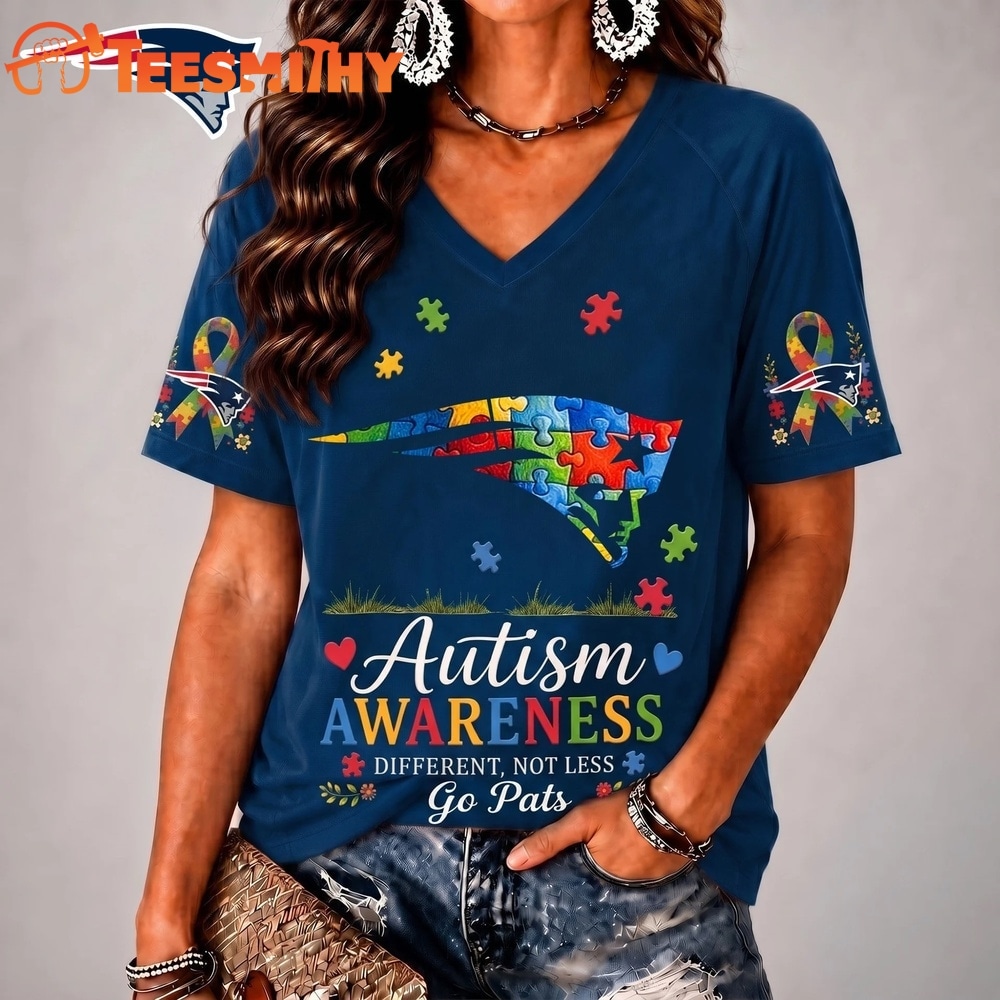 New England Patriots NFL Different, Not Less Autism Awareness V neck T Shirt