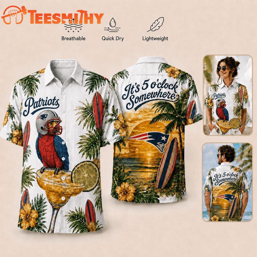 New England Patriots NFL It's 5 O'clock Somewhere Button Up Tropical Parrot Hawaiian Shirt