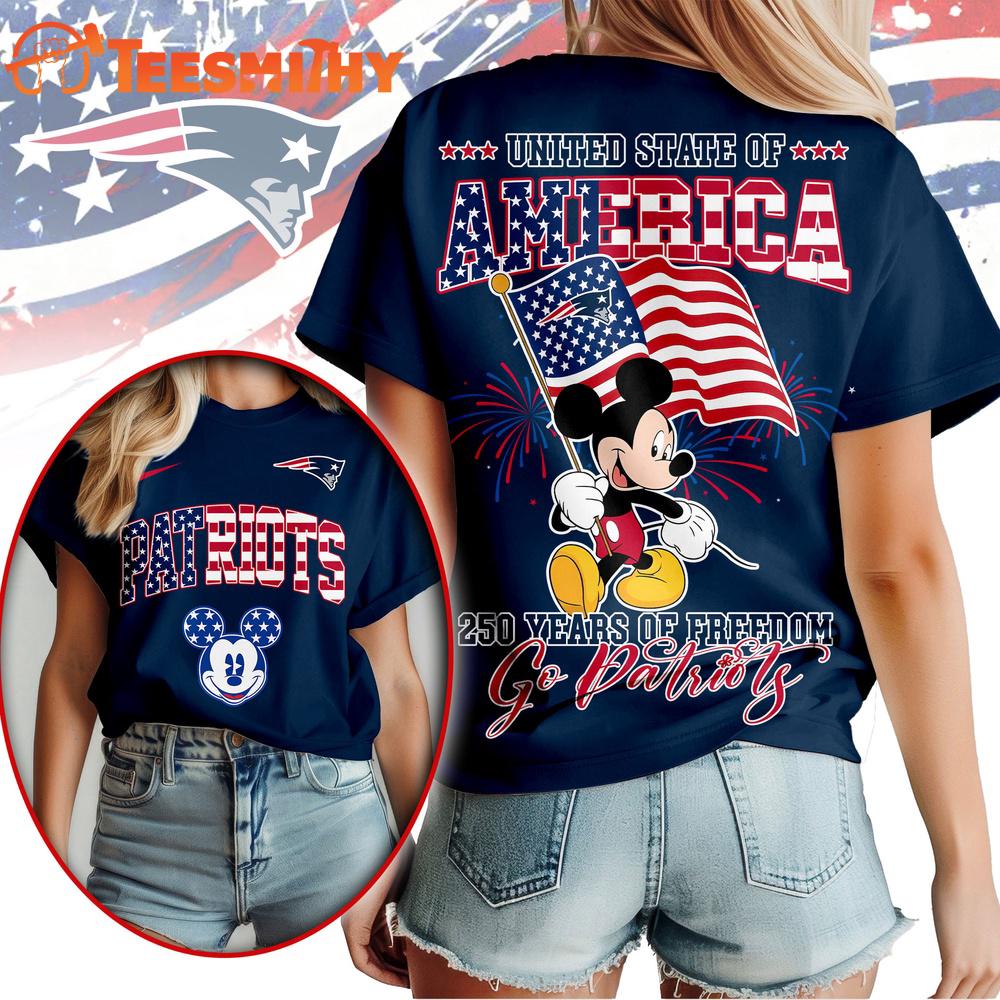 New England Patriots NFL Mickey America Flag Freedom 250 Years 3D T Shirt