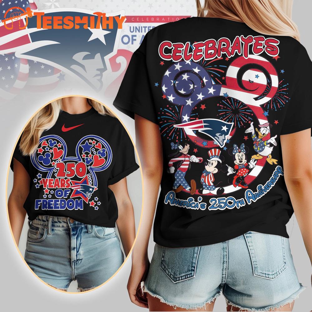 New England Patriots NFL Mickey Celebrates America 250th Anniversary All Over Print T Shirt