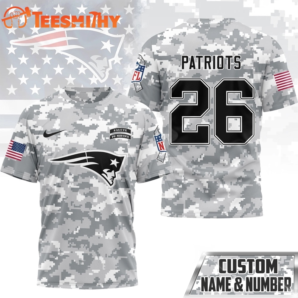 New England Patriots NFL Salute to Service Custom Name & Number Camo 3D Shirt