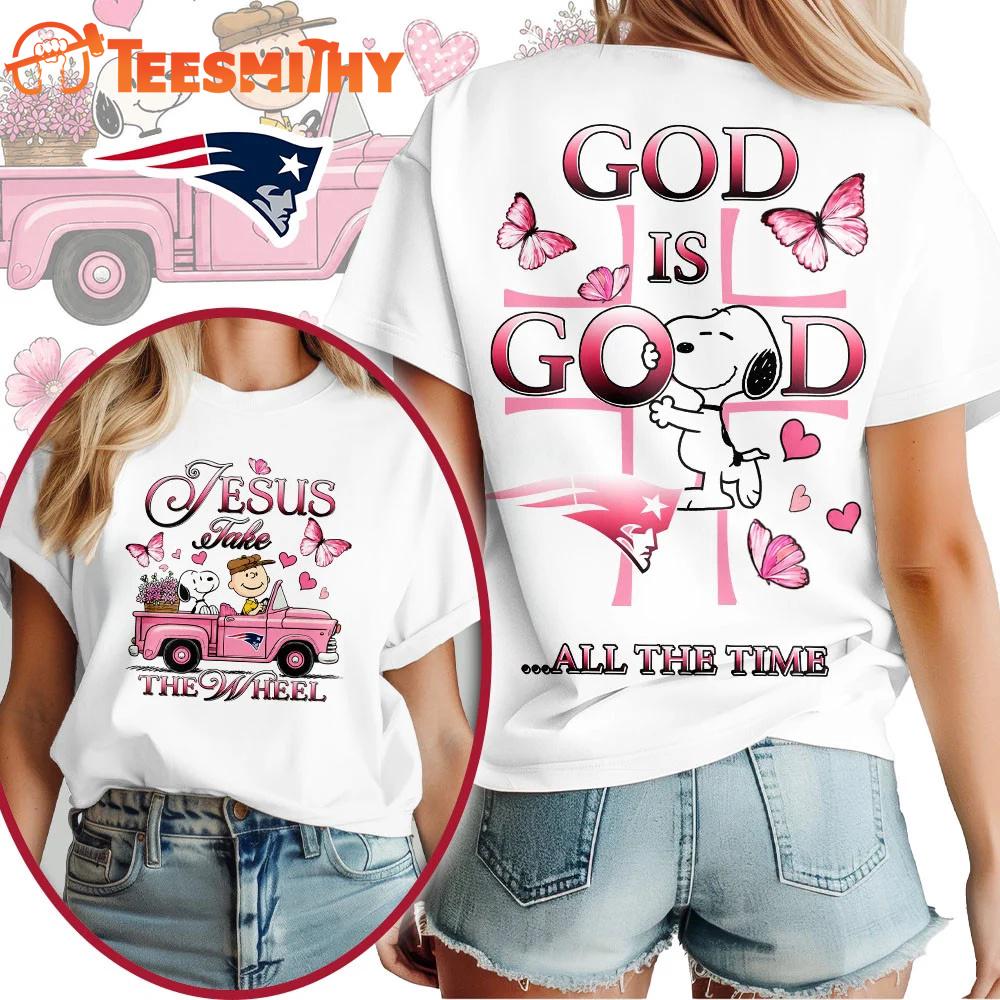New England Patriots NFL Snoopy Jesus Take The Wheel God Is Good 3D Shirt