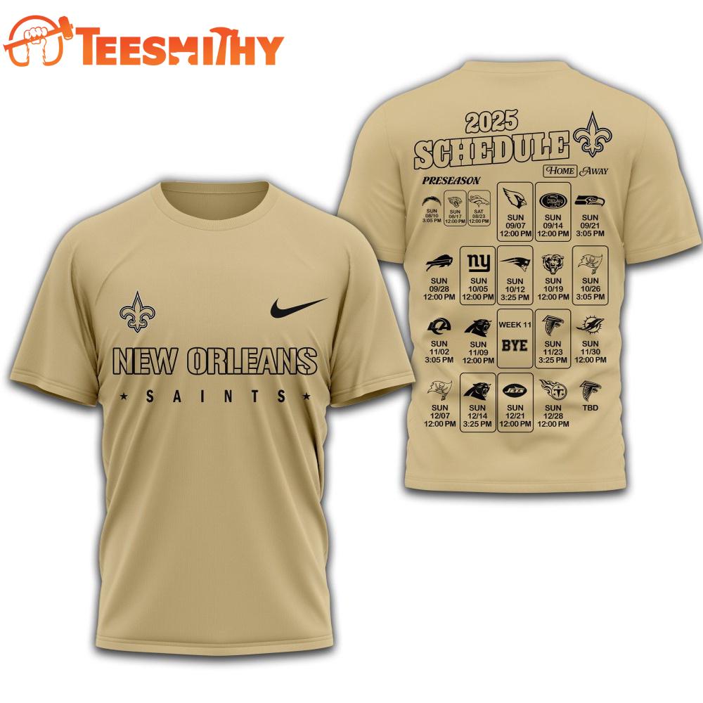New Orleans Saints 2025 Football Schedule Unisex 3D Shirt New Orleans Saints 2025 Football Schedule Unisex 3D Shirt