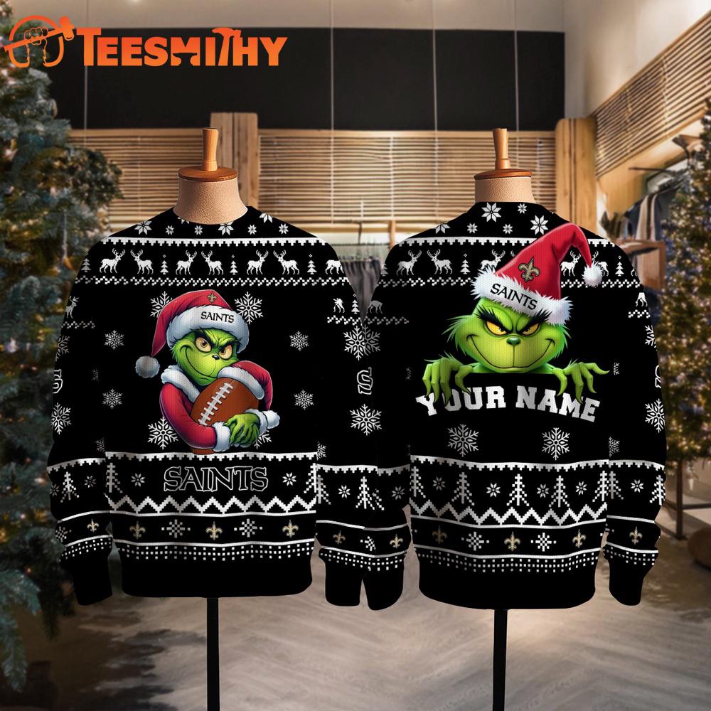 New Orleans Saints 2025 NFL Grinch Football Personalized Ugly Christmas Sweater
