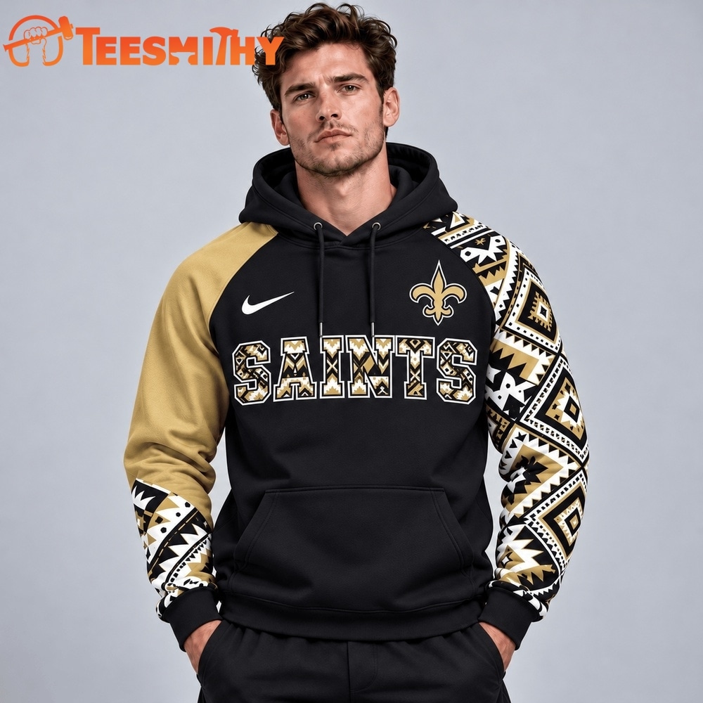 New Orleans Saints NFL Aztec Inspired Colorblock Hoodie With Asymmetric Sleeves And Bold Team Lettering