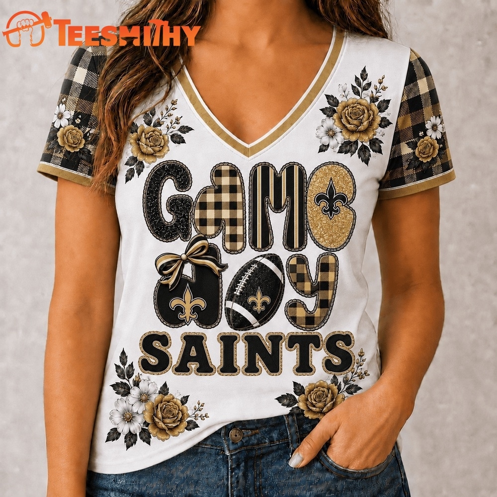 New Orleans Saints NFL Football Flowers Team Pride V Neck T Shirt