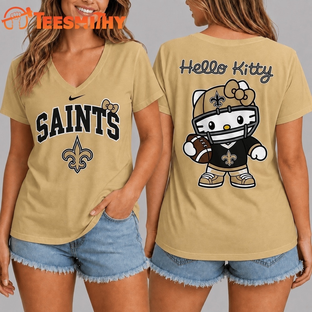 New Orleans Saints NFL Hello Kitty Football V Neck T Shirt