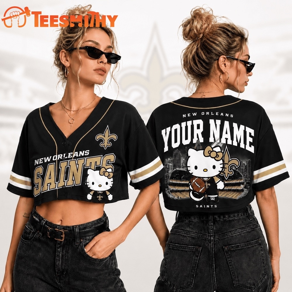 New Orleans Saints NFL Hello Kitty Personalized Crop Top Baseball Jersey